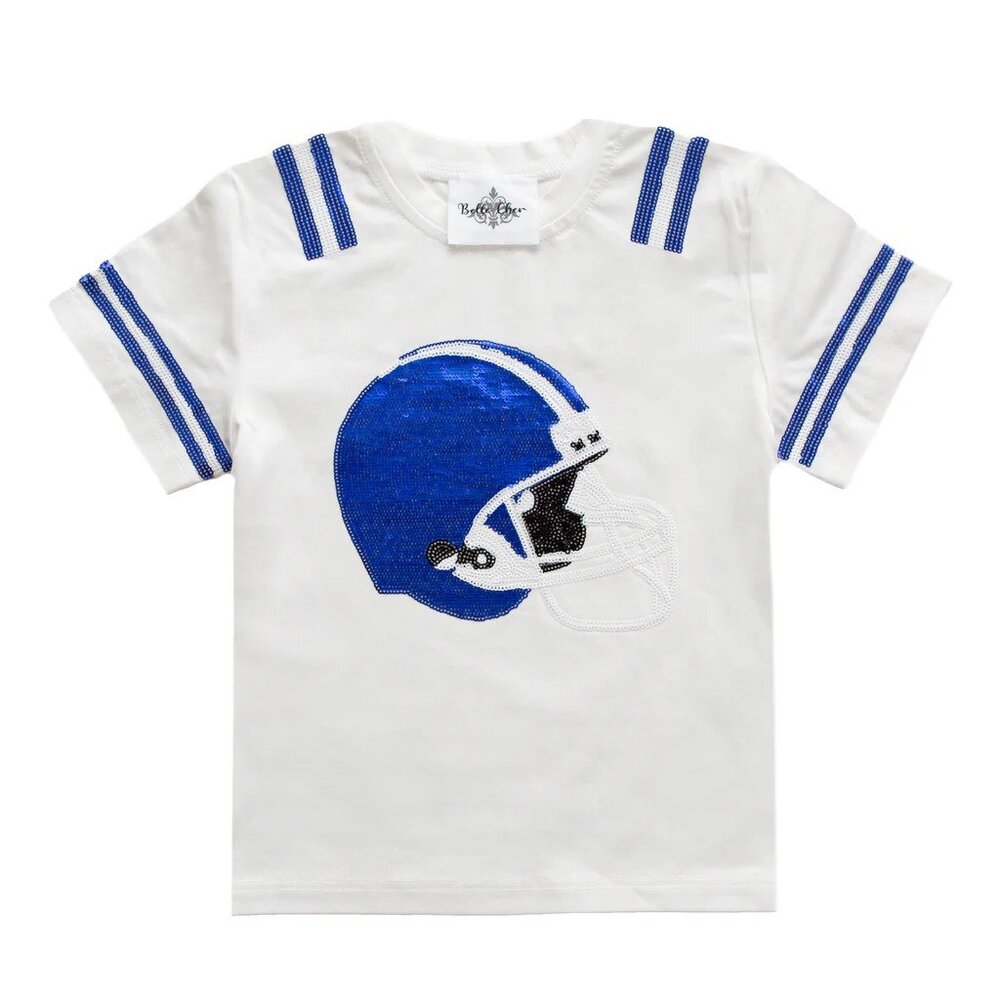 NEW Belle Cher Royal Blue And White Sequin Football Helmet Shirt